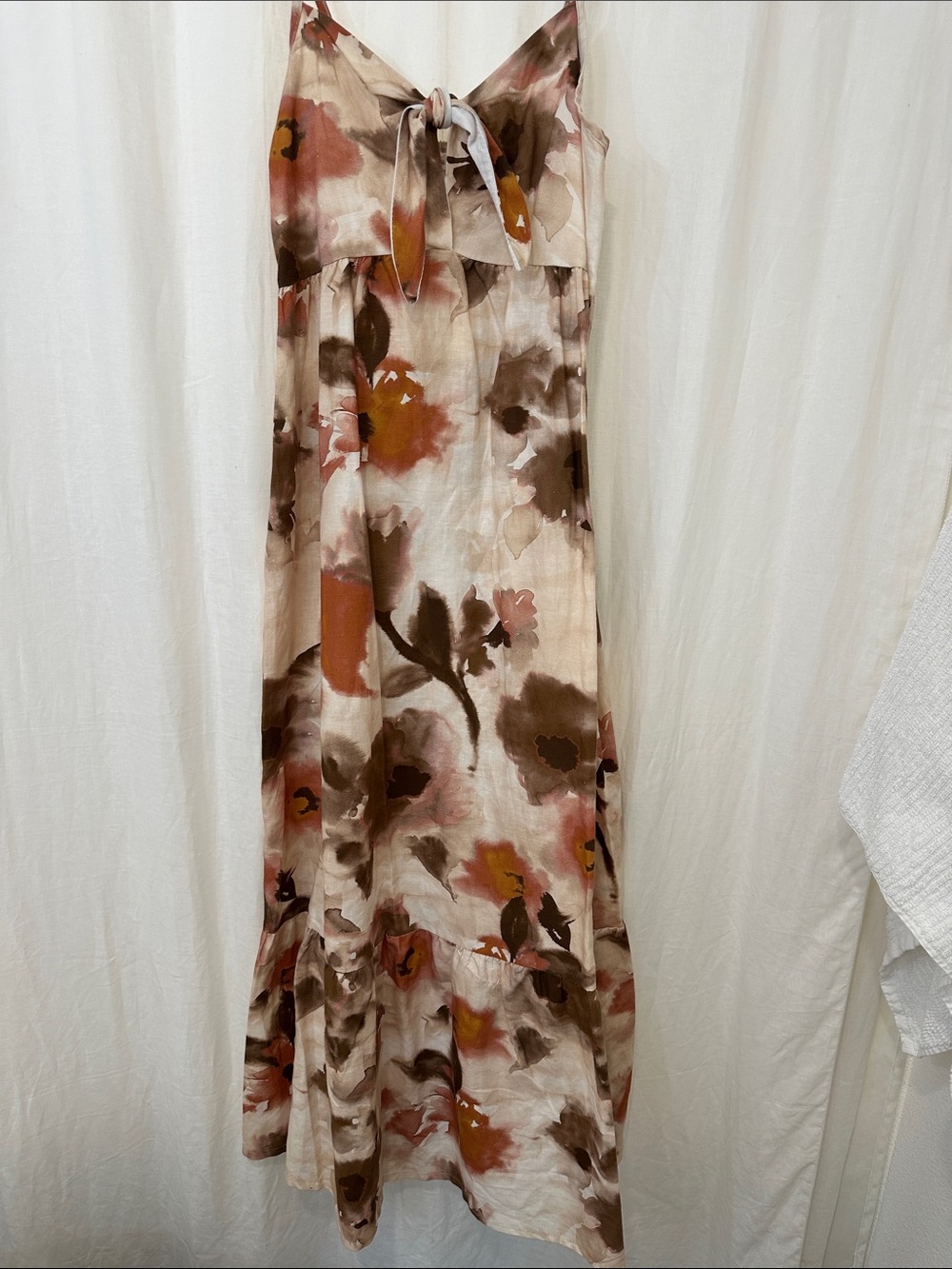 Tie-Front Floral Watercolor Linen Maxi Dress in Neutral Rust Tones